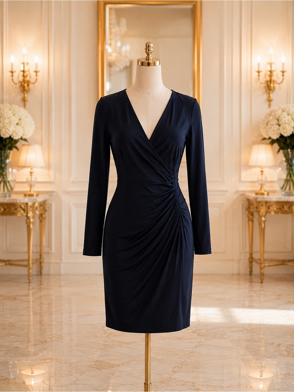 Burberry Navy Ruched V-Neck Long Sleeve Sheath Dress - Picture 2 of 9